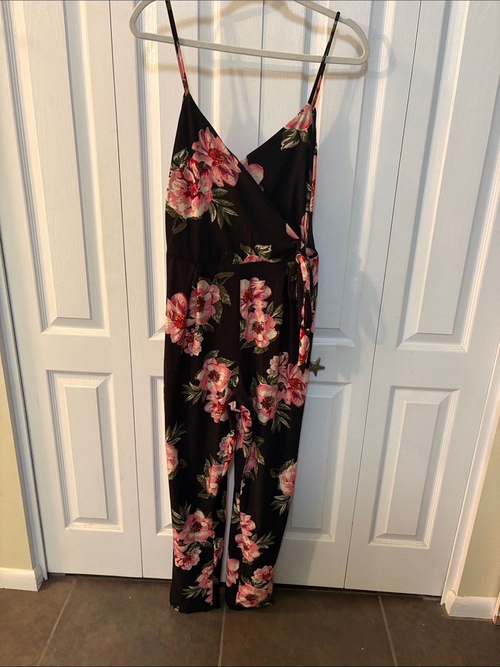 Derek Heart Black Floral Wrap Jumpsuit with Pink Flowers